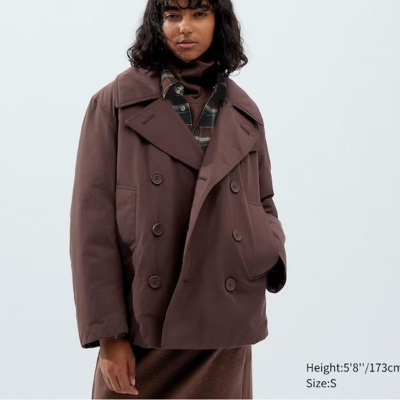 new Uniqlo Brown Quilted Jacket PADDED SHORT PEACOAT medium - Picture 3 of 16
